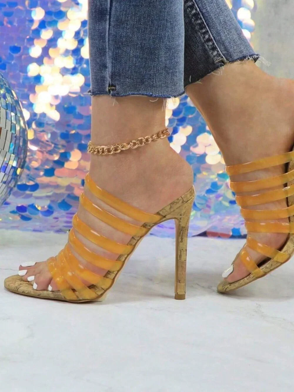 Yellow Sexy Women's Strappy Cork High Heel
